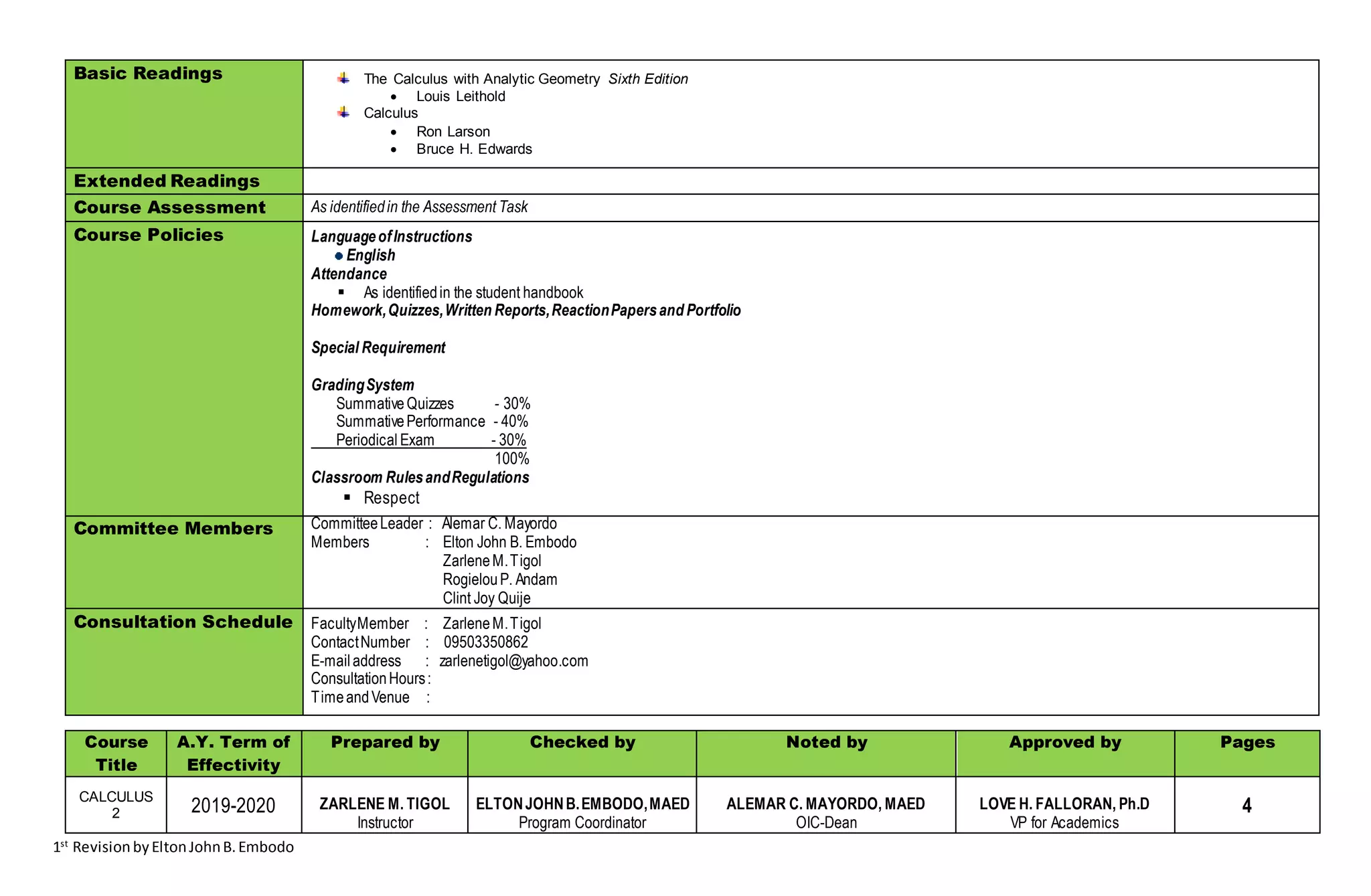 1st
RevisionbyEltonJohnB.Embodo
Basic Readings The Calculus with Analytic Geometry Sixth Edition
 Louis Leithold
Calculus
 Ron Larson
 Bruce H. Edwards
Extended Readings
Course Assessment As identifiedin the Assessment Task
Course Policies LanguageofInstructions
English
Attendance
 As identifiedin the student handbook
Homework,Quizzes,Written Reports,ReactionPapersand Portfolio
Special Requirement
GradingSystem
Summative Quizzes - 30%
SummativePerformance - 40%
Periodical Exam - 30%
100%
Classroom RulesandRegulations
 Respect
Committee Members CommitteeLeader : Alemar C. Mayordo
Members : Elton John B. Embodo
ZarleneM.Tigol
RogielouP. Andam
Clint Joy Quije
Consultation Schedule FacultyMember : ZarleneM.Tigol
ContactNumber : 09503350862
E-mailaddress : zarlenetigol@yahoo.com
ConsultationHours:
TimeandVenue :
Course
Title
A.Y. Term of
Effectivity
Prepared by Checked by Noted by Approved by Pages
CALCULUS
2 2019-2020 ZARLENE M. TIGOL
Instructor
ELTONJOHNB.EMBODO,MAED
Program Coordinator
ALEMAR C. MAYORDO, MAED
OIC-Dean
LOVE H. FALLORAN, Ph.D
VP for Academics
4
 