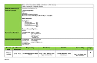 1st
Revision
Simeon Ball and Zsuzsa Weiner. (2011). An Introduction to Finite Geometry
Chapter 4. Introduction to Hyperbolic Geometry
Course Assessment As identifiedin the Assessment Task
Course Policies LanguageofInstructions
English
Attendance
As identifiedin the student handbook
Homework,Quizzes,Written Reports,ReactionPapersand Portfolio
Special Requirement
GradingSystem
SummativeQuiz 30%
SummativePerformance 40%
PeriodicalExam 30%
100%
Classroom RulesandRegulations
Respect
Committee Members CommitteeLeader : Alemar C. Mayordo
Members : Elton John B. Embodo
RogielouP. Andam
Clint Joy Quije
ZarleneM.Tigol
Consultation Schedule FacultyMember : EltonJohn B. Embodo
ContactNumber : 09107619989
E-mailaddress : eltonjohn439@yahoo.com
ConsultationHours:
TimeandVenue :
Course
Title
A.Y. Term of
Effectivity
Prepared by Checked by Noted by Approved by Pages
Modern
Geometry
2019– 2020 ELTONJOHNB.EMBODO,MAEd
Instructor
ELTON JOHN B. EMBODO, MAEd
Program Coordinator, Math
ALEMAR C. MAYORDO, MAED
ITE, OIC-Dean
LOVE H. FALLORAN, Ph.D
VP for Academics
4
 