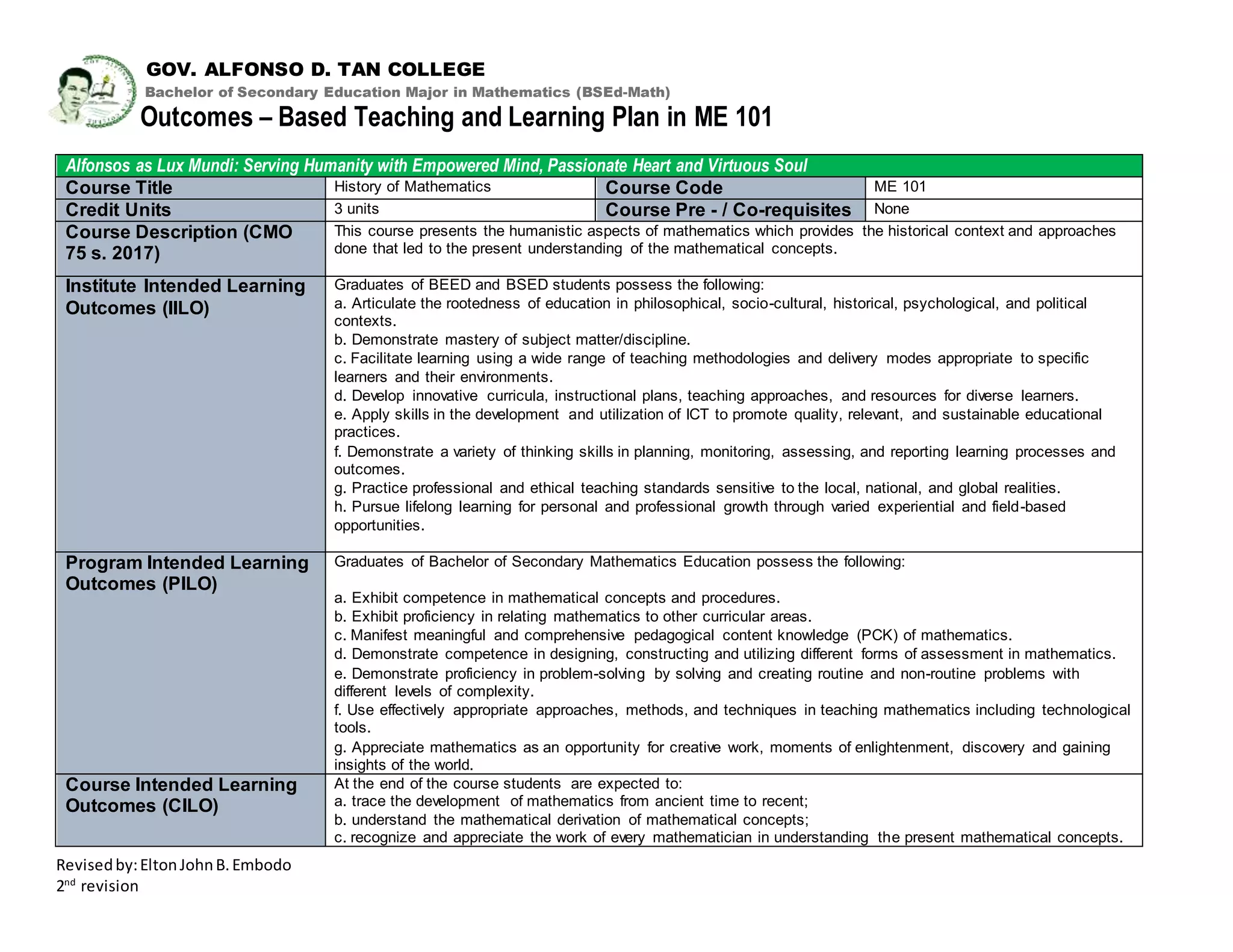 Outcomes based teaching learning plan (obtlp) history of mathematics! | PPT