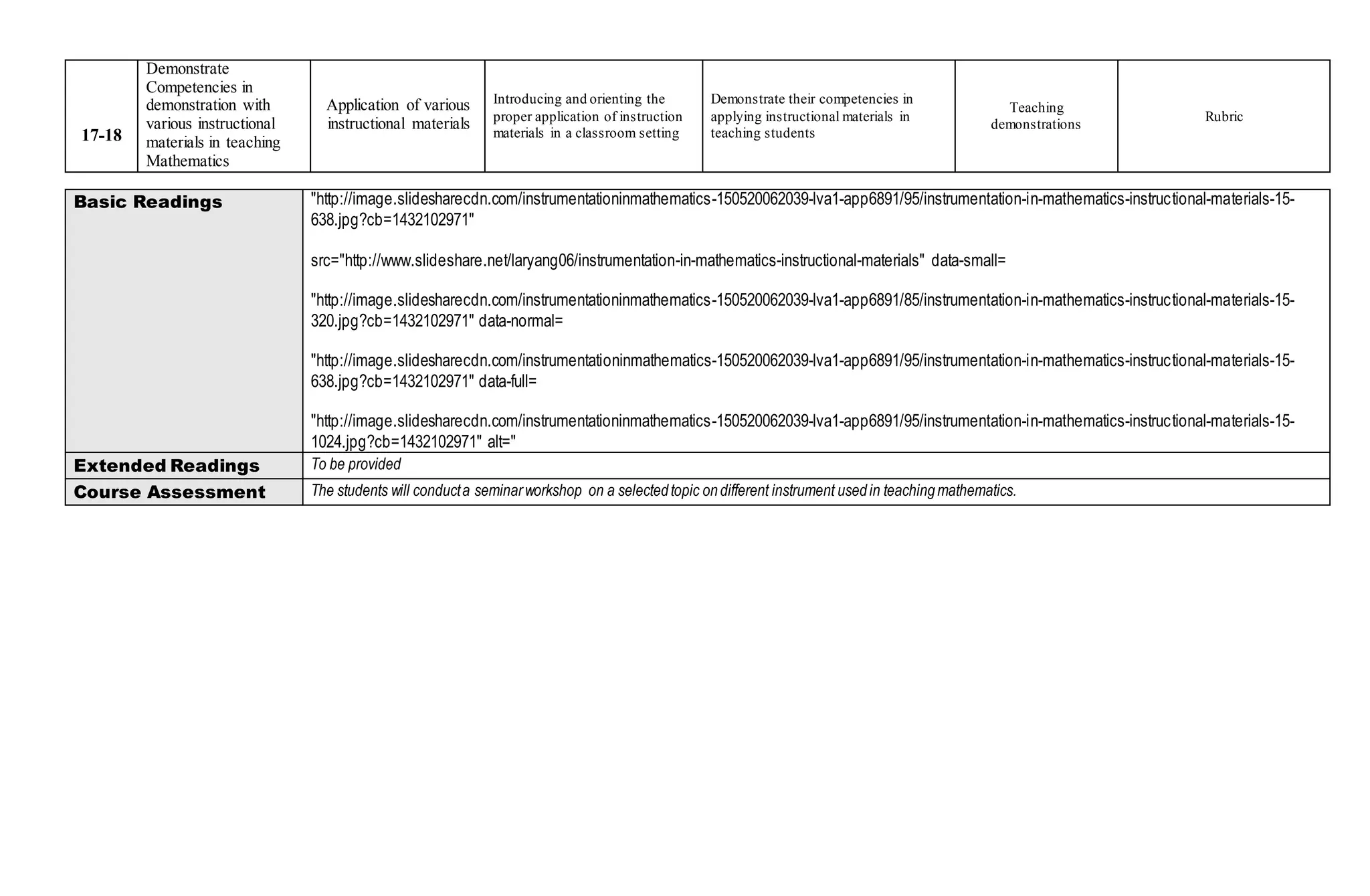 17-18
Demonstrate
Competencies in
demonstration with
various instructional
materials in teaching
Mathematics
Application of various
instructional materials
Introducing and orienting the
proper application of instruction
materials in a classroom setting
Demonstrate their competencies in
applying instructional materials in
teaching students
Teaching
demonstrations
Rubric
Basic Readings "http://image.slidesharecdn.com/instrumentationinmathematics-150520062039-lva1-app6891/95/instrumentation-in-mathematics-instructional-materials-15-
638.jpg?cb=1432102971"
src="http://www.slideshare.net/laryang06/instrumentation-in-mathematics-instructional-materials" data-small=
"http://image.slidesharecdn.com/instrumentationinmathematics-150520062039-lva1-app6891/85/instrumentation-in-mathematics-instructional-materials-15-
320.jpg?cb=1432102971" data-normal=
"http://image.slidesharecdn.com/instrumentationinmathematics-150520062039-lva1-app6891/95/instrumentation-in-mathematics-instructional-materials-15-
638.jpg?cb=1432102971" data-full=
"http://image.slidesharecdn.com/instrumentationinmathematics-150520062039-lva1-app6891/95/instrumentation-in-mathematics-instructional-materials-15-
1024.jpg?cb=1432102971" alt="
Extended Readings To be provided
Course Assessment The students will conducta seminarworkshop on a selectedtopic ondifferent instrument usedin teachingmathematics.
 