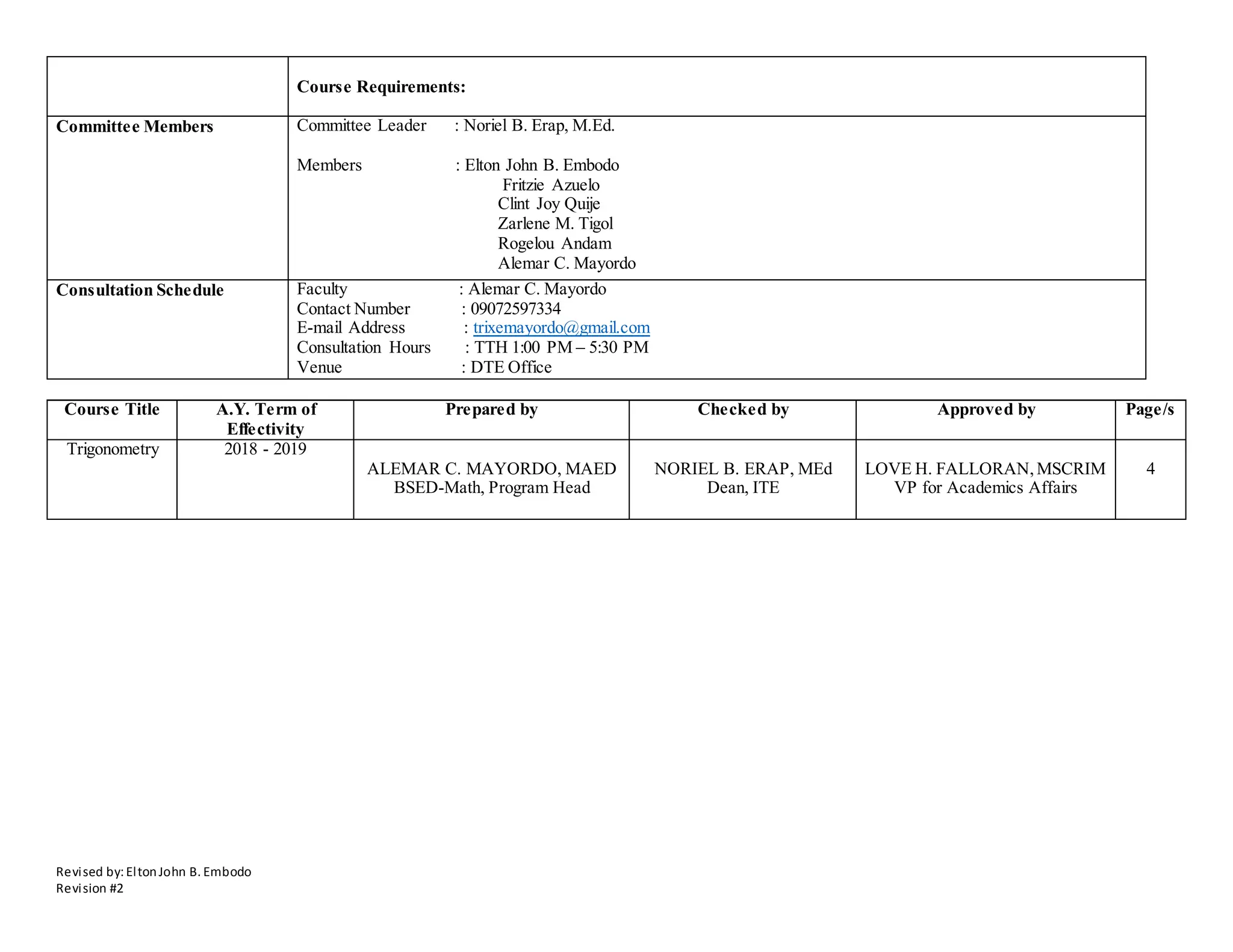 Revised by:EltonJohn B. Embodo
Revision #2
Course Requirements:
Committee Members Committee Leader : Noriel B. Erap, M.Ed.
Members : Elton John B. Embodo
Fritzie Azuelo
Clint Joy Quije
Zarlene M. Tigol
Rogelou Andam
Alemar C. Mayordo
Consultation Schedule Faculty : Alemar C. Mayordo
Contact Number : 09072597334
E-mail Address : trixemayordo@gmail.com
Consultation Hours : TTH 1:00 PM – 5:30 PM
Venue : DTE Office
Course Title A.Y. Term of
Effectivity
Prepared by Checked by Approved by Page/s
Trigonometry 2018 - 2019
ALEMAR C. MAYORDO, MAED
BSED-Math, Program Head
NORIEL B. ERAP, MEd
Dean, ITE
LOVE H. FALLORAN,MSCRIM
VP for Academics Affairs
4
 