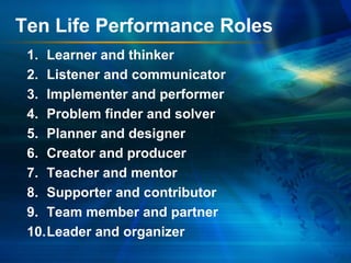 Ten Life Performance Roles
1. Learner and thinker
2. Listener and communicator
3. Implementer and performer
4. Problem finder and solver
5. Planner and designer
6. Creator and producer
7. Teacher and mentor
8. Supporter and contributor
9. Team member and partner
10.Leader and organizer

 