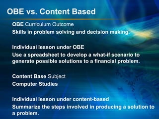OBE vs. Content Based
OBE Curriculum Outcome
Skills in problem solving and decision making.
Individual lesson under OBE
Use a spreadsheet to develop a what-if scenario to
generate possible solutions to a financial problem.
Content Base Subject
Computer Studies
Individual lesson under content-based
Summarize the steps involved in producing a solution to
a problem.

 