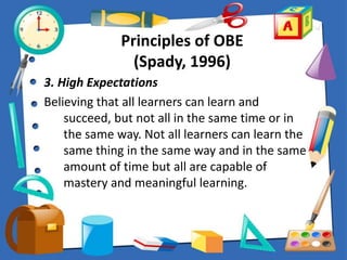 Principles of OBE
(Spady, 1996)
3. High Expectations
Believing that all learners can learn and
succeed, but not all in the same time or in
the same way. Not all learners can learn the
same thing in the same way and in the same
amount of time but all are capable of
mastery and meaningful learning.
 