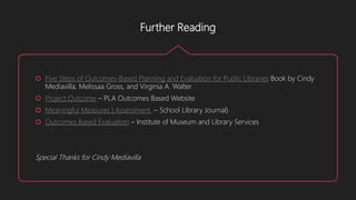 Further Reading
 Five Steps of Outcomes-Based Planning and Evaluation for Public Libraries Book by Cindy
Mediavilla, Melissaa Gross, and Virginia A. Walter
 Project Outcome – PLA Outcomes Based Website
 Meaningful Measures | Assessment – School Library Journal)
 Outcomes Based Evaluation – Institute of Museum and Library Services
Special Thanks for Cindy Mediavilla
 