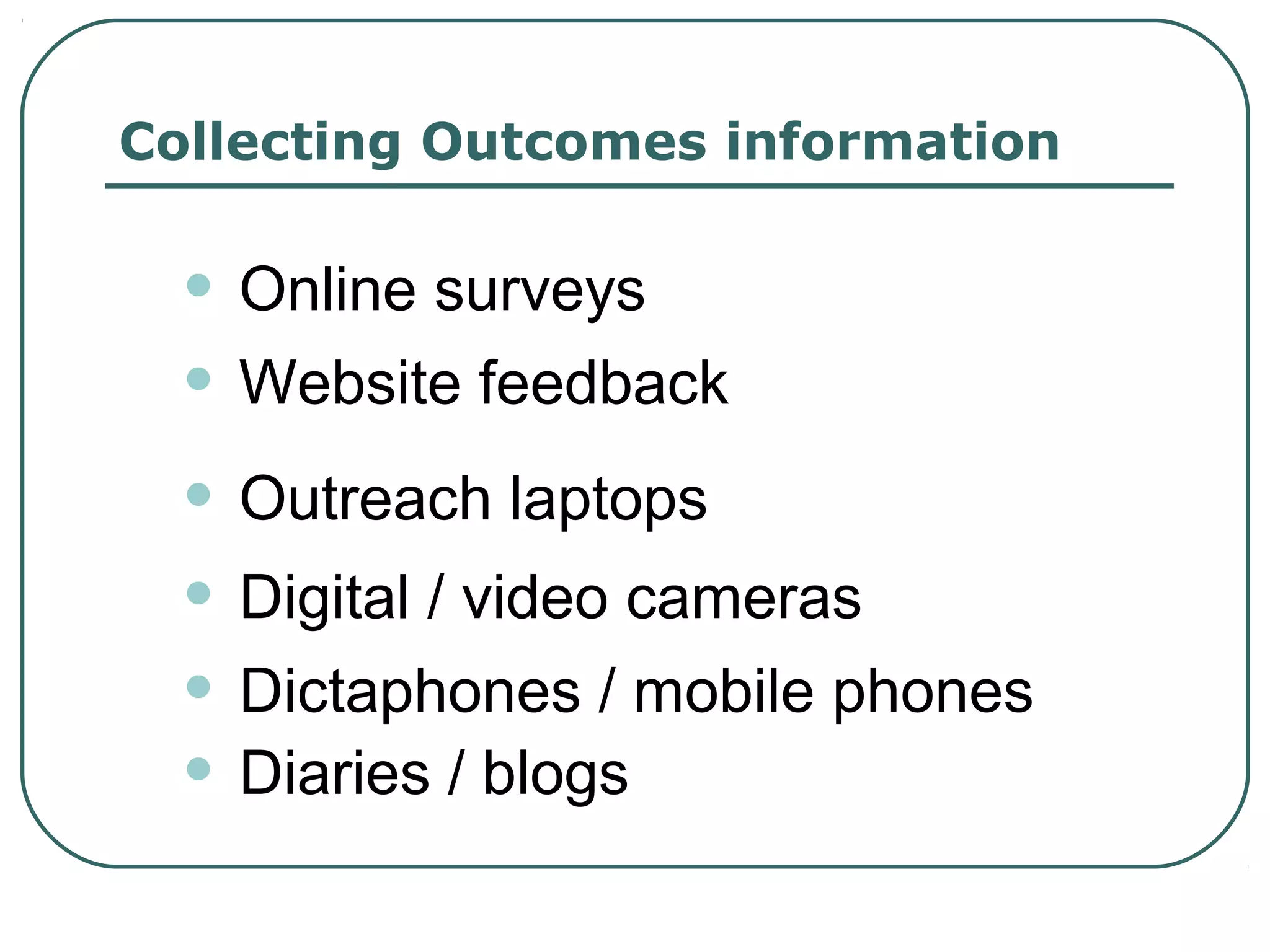 Collecting Outcomes information


  • Online surveys
  • Website feedback
  • Outreach laptops
  • Digital / video cameras
  • Dictaphones / mobile phones
  • Diaries / blogs
 