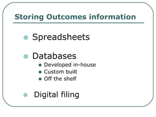 Storing Outcomes information Spreadsheets Databases Developed in-house  Custom built Off the shelf Digital filing 