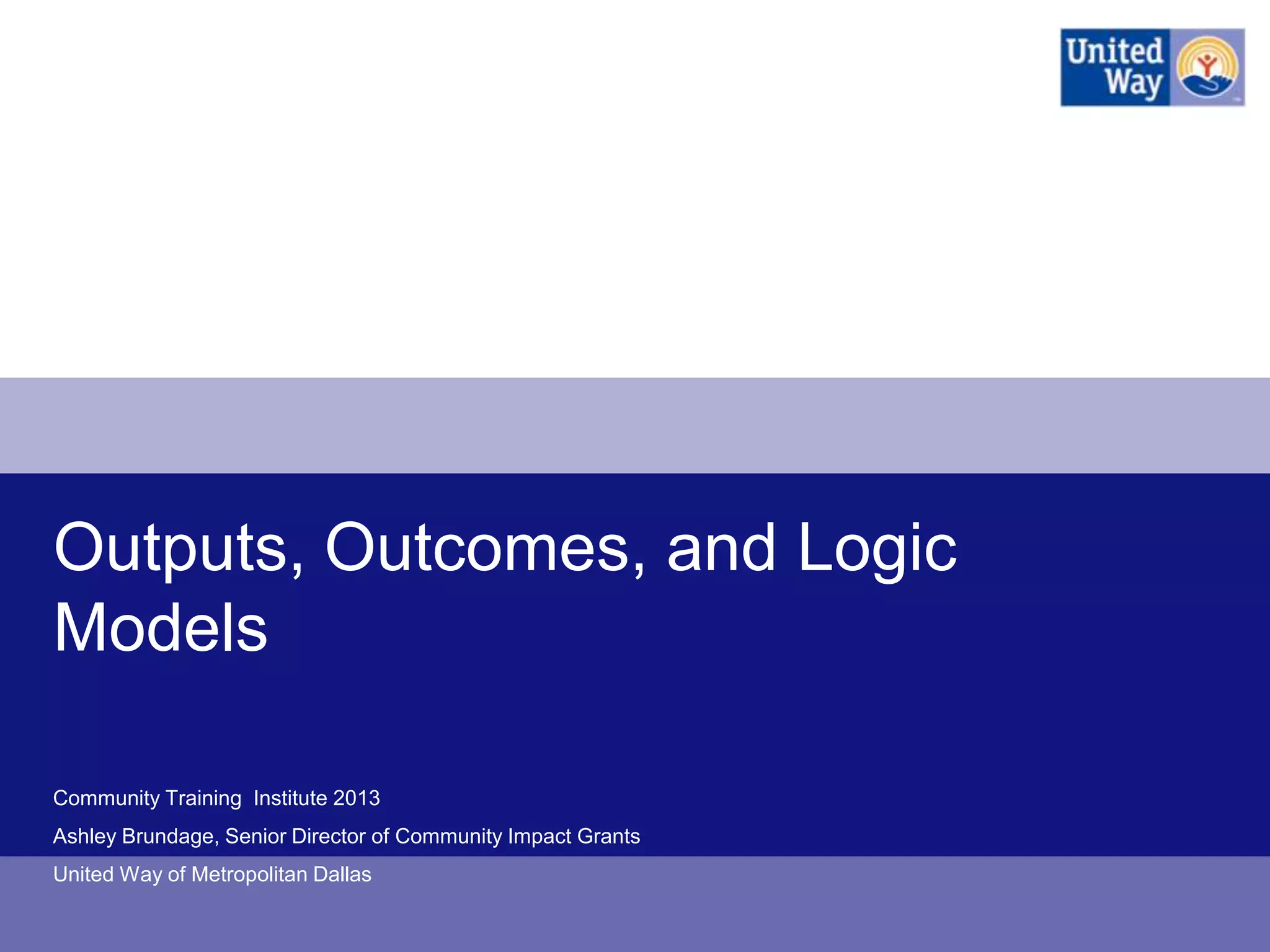Outputs, Outcomes, and Logic
Models

Community Training Institute 2013
Ashley Brundage, Senior Director of Community Impact Grants
United Way of Metropolitan Dallas
 