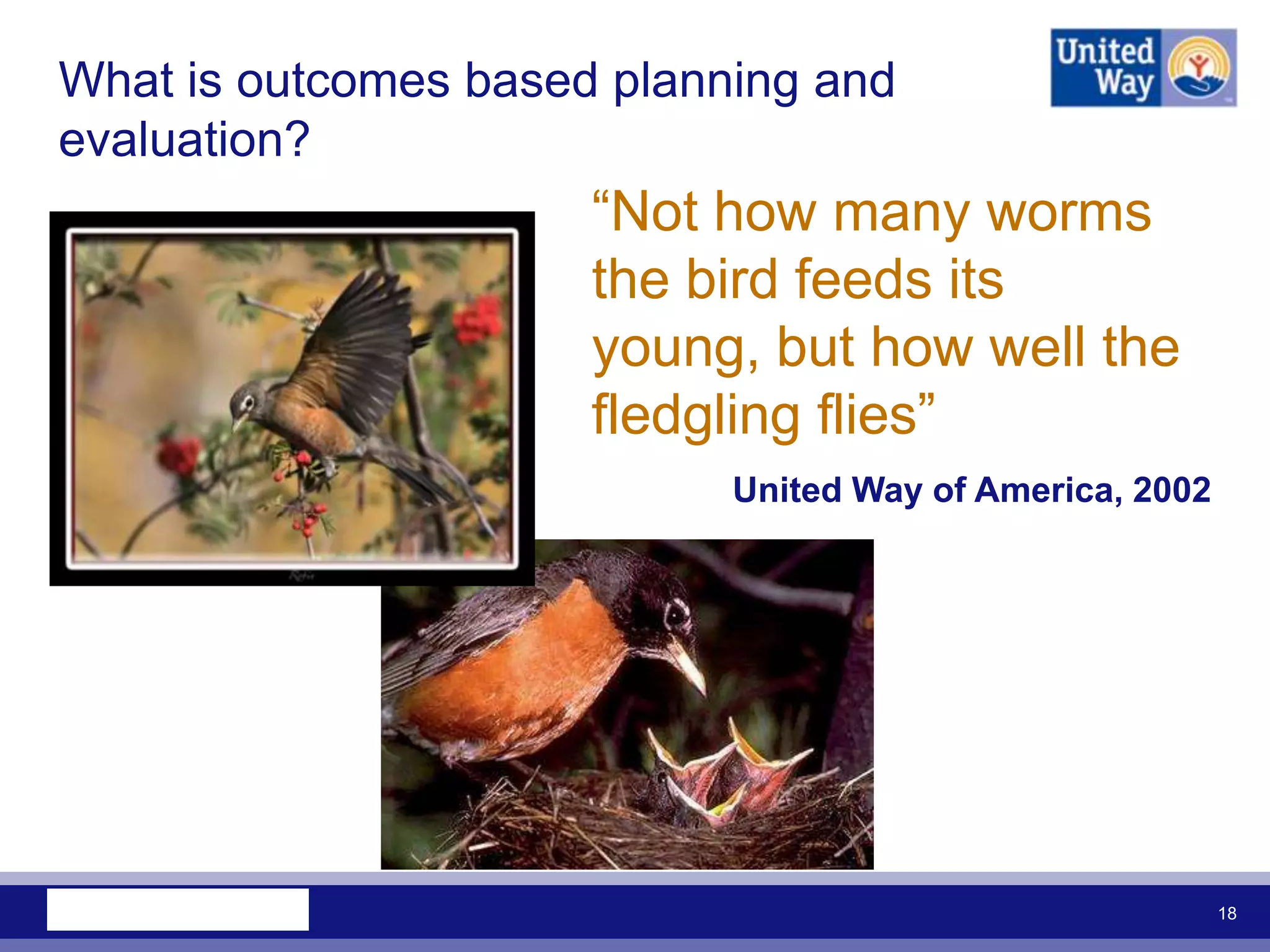 What is outcomes based planning and
evaluation?
                      “Not how many worms
                      the bird feeds its
                      young, but how well the
                      fledgling flies”
                            United Way of America, 2002




                                                          18
 