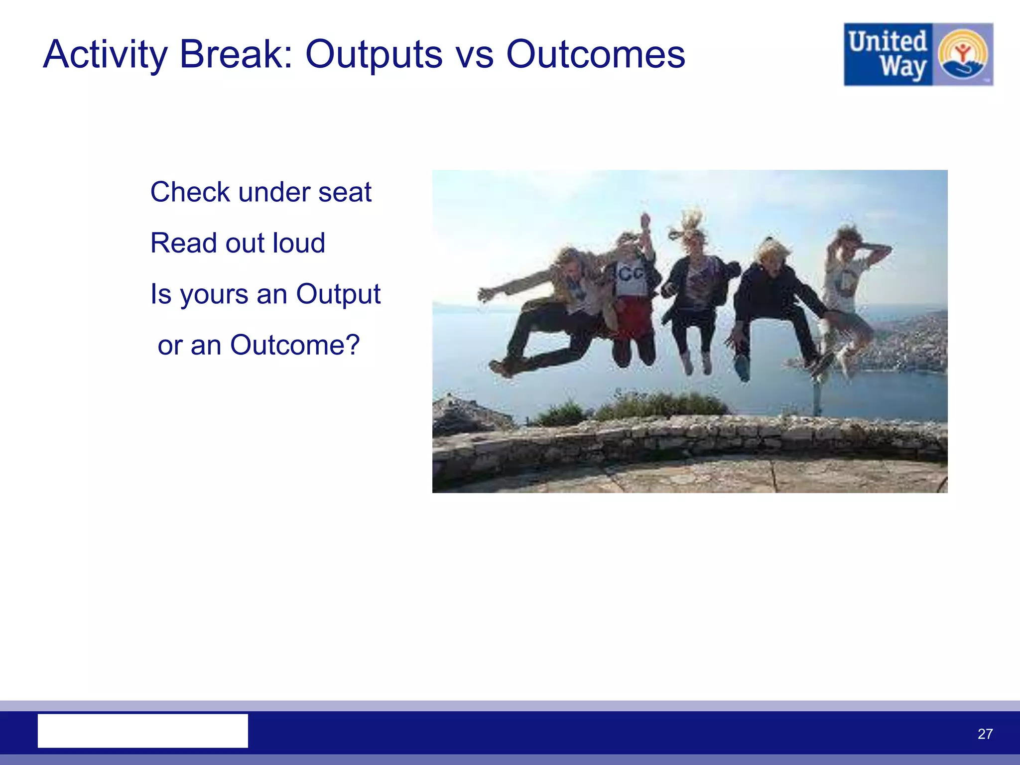 Activity Break: Outputs vs Outcomes


     Check under seat
     Read out loud
     Is yours an Output
      or an Outcome?




                                      27
 