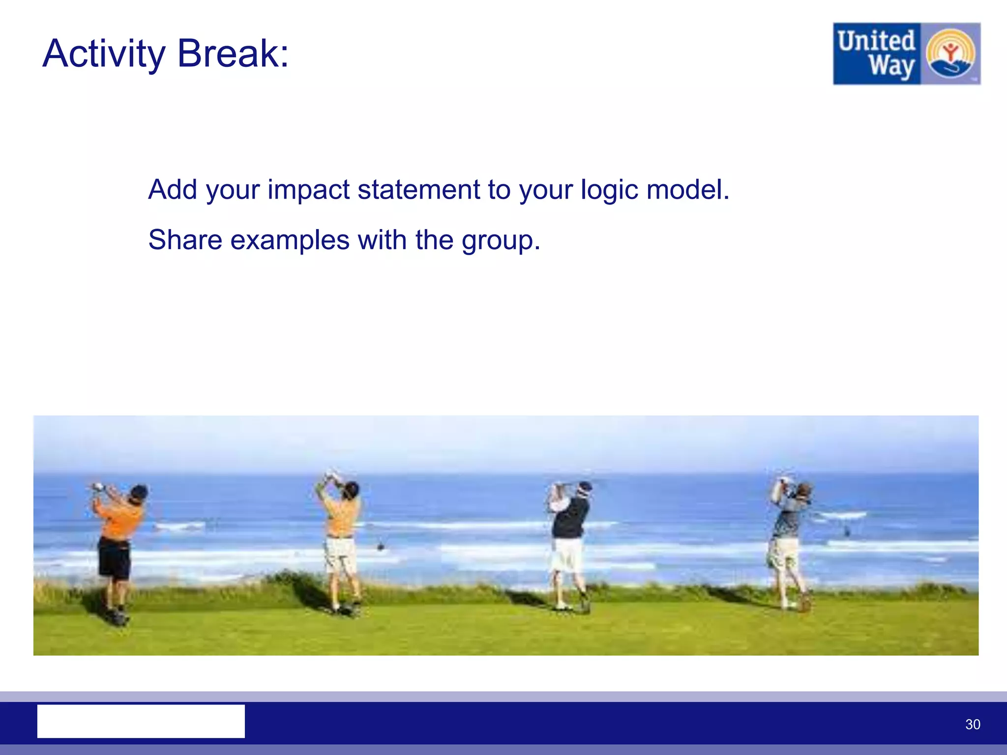 Activity Break:


      Add your impact statement to your logic model.
      Share examples with the group.




                                                       30
 