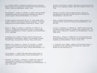 •   A. L. Fawcett (2007). Principles of Assessment and Outcome            •   Johnson, M and Elias, A (2002) East Kent Outcome System for
    Measurement for Occupational Therapists and Physiotherapists:             Speech and Language Therapy East Kent Coastal Primary Care
    Theory, Skills and Application. Wiley, 1 edn.                             Trust


•   Bovend’Eerdt, T., Botell, R. & Wade, D. (2009). Writing SMART         •   Johnson, M (1997) Outcome Measurement: towards an
    rehabilitation goals and achieving goal attainment scaling: a             interdisciplinary approach. British Journal of Therapy and
    practical guide. Clinical Rehabilitation. 23. 352-361.                    Rehabilitation, 4 (9) 472-478


•   N. Patricia Bowyer EdD OTR/L BC & S. M. Cahill MAEA OTR/L             •   Miller, A (2000) Multidisciplinary outcome measurement: is it
    (2008). Pediatric Occupational Therapy Handbook: A Guide to               possible? British Journal of Therapy and Rehabilitation 7 (8)
    Diagnoses and Evidence-Based Interventions. Mosby, 1 edn.                 362-365


•   Brock, K., Black, S., Cotton, S., Kennedy, G., Wilson S., &           •   Lowing, K., Bexelius, A., Carlberg, E., (2009) Activity focused
    Sutton, E. (2009) Goal achievement in the six months after                and goal-directed therapy for children with cerebral palsy – Do
    inpatient rehabilitation for stroke. Disability and Rehabilitation.       goals make a difference ? Disability and Rehabilitation. 31(22):
    31(11), 880-886.                                                          1808-1816.


•   P. Enderby, et al. (2006). Therapy Outcome Measures for               •   McDougall, J., Wright, V. (2009) ICF-CY and Goal Attainment
    Rehabilitation Professionals: Speech and Language Therapy,                Scaling: Benefits of their combined use for pediatric practice.
    Physiotherapy, Occupational Therapy. Wiley, second edn.                   Disability and Rehabilitation. 31(16): 1362-1372


•   Playford, E.D., Siegert, R., Levack, W., Freeman, J. (2009)           •   C. Unsworth, et al. (2004). ‘Validity of the AusTOM scales: A
    Areas of consensus and controversy about goal setting in                  comparison of the AusTOMs and EuroQol-5D’. Health and
    rehabilitation: a conference report. Clinical Rehabilitation. 23,         Quality of Life Outcomes 2(1).
    334-344.


•   Turner-Stokes, L. (2009) Goal attainment scaling (GAS) in
    rehabilitation: a practical guide. Clinical Rehabilitation. 23.
                                                                          •

•   Ferguson, A., Worrall, L., Sherratt, S. (2009) The impact of
    communication disability on interdisciplinary discussion in
    rehabilitation case conferences. Disability and Rehabilitation. 31
    (22): 1795-1807.
 