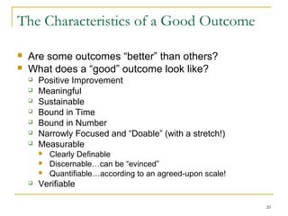 The Characteristics of a Good Outcome



Are some outcomes “better” than others?
What does a “good” outcome look like?








Positive Improvement
Meaningful
Sustainable
Bound in Time
Bound in Number
Narrowly Focused and “Doable” (with a stretch!)
Measurable






Clearly Definable
Discernable…can be “evinced”
Quantifiable…according to an agreed-upon scale!

Verifiable
20

 