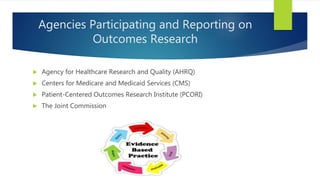 Agencies Participating and Reporting on
Outcomes Research
 Agency for Healthcare Research and Quality (AHRQ)
 Centers for Medicare and Medicaid Services (CMS)
 Patient-Centered Outcomes Research Institute (PCORI)
 The Joint Commission
 