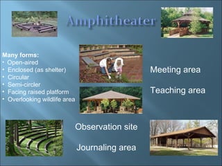 Many forms: Open-aired  Enclosed (as shelter)  Circular Semi-circler Facing raised platform Overlooking wildlife area Meeting area  Teaching area Observation site Journaling area 