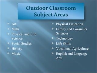 Art  Math  Physical and Life Science  Social Studies  History  Music  Physical Education  Family and Consumer Sciences  Technology  Life Skills  Vocational Agriculture  English and Language Arts 
