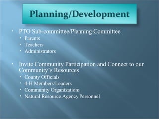 PTO Sub-committee/Planning Committee Parents Teachers Administrators Invite Community Participation and Connect to our Community’s Resources County Officials 4-H Members/Leaders Community Organizations Natural Resource Agency Personnel 
