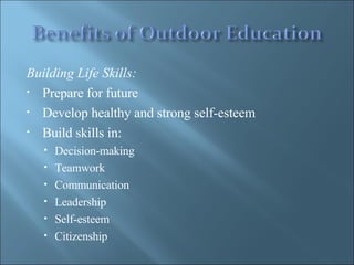 Building Life Skills:  Prepare for future Develop healthy and strong self-esteem Build skills in: Decision-making Teamwork  Communication  Leadership  Self-esteem  Citizenship 