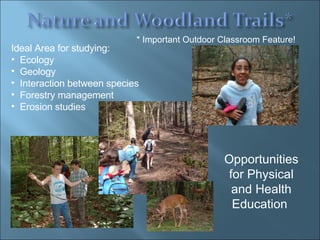 * Important Outdoor Classroom Feature! Opportunities for Physical and Health Education  Ideal Area for studying: Ecology  Geology  Interaction between species Forestry management Erosion studies 