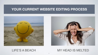 6
YOUR CURRENT WEBSITE EDITING PROCESS
LIFE’S A BEACH MY HEAD IS MELTED
 