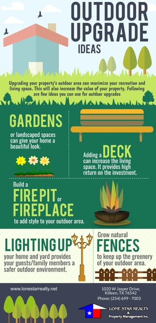 Outdoor
Upgrade
IDEAS
Upgrading your property's outdoor area can maximize your recreation and
living space. This will also increase the value of your property. Following
are few ideas you can use for outdoor upgrades
Gardens
or landscaped spaces
can give your home a
beautiful look.
Adding a                        
can increase the living
space. It provides high
return on the investment.
deck
Build a                                          
firepit
fireplace
to add style to your outdoor area.
or
Lightingup
your home and yard provides
your guests/family members a
safer outdoor environment.
Grow natural
fences
to keep up the greenery
of your outdoor area.
1020 W Jasper Drive,
Killeen, TX 76542
www.lonestarrealty.net
Phone: (254) 699 - 7003    
 