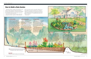 OA Afield

     How to Build a Rain Garden
        Stormwater runoff is a leading cause of pollution in our            drain excess water, you have a rain garden. Think of it as a
     streams and lakes. Impervious surfaces all around us—                  mini wetland. It can fill your backyard or be as small as a
     driveways, roads, parking lots—block water from draining               baby pool. It can beautify your home and invite birds, but-
     into the ground. Lawns are not much better, unless they                terflies, and beneficial insects, including those that eat mos-
     have a place where the water can go.                                   quitoes. What’s more, it’s a manageable project that can be
        Enter the rain garden. Anytime you have a dip in the                built in a weekend.
     landscape that contains vegetation to help soak up and                    Here’s how.




                1. Pick the location                            2. Map out the garden                      3. Prepare the pit

                    Choose a site at least 10 feet from            Make the length about twice the            Start digging the first section at the
                the house, on a gentle slope (less than         width of the space; a kidney or            uphill side until you’ve reached the
                12 percent grade) that can catch water          teardrop shape works well. Position it     depth you want. A typical depth is 4
                from downspouts. Pick a spot with full          so that the longer side faces uphill to    to 8 inches below the string; a flat-
                or partial sun, not under a tree. Don’t         catch as much water as possible.           ter slope requires less depth. Repeat
                place the garden where water pools                 Use a string to outline the perime-     with each section. Once the pit is
                already; the drainage needs to be good.         ter of the garden.Then, use stakes         dug, use a carpenter’s level to make
                Silty and sandy soils drain better than         and string to divide the garden into       sure it’s even.
                clay.To test drainage, dig a 6-inch deep        sections. Do this by pounding stakes          Next, begin filling the pit.You’ll
                hole and fill it with water. If it takes more   along the perimeter, tying one end of      need enough soil to fill it close
                than 24 hours for the water to soak in,         string to the uphill stake where it        enough to the string to leave room
                the drainage is not adequate.The average        meets the ground, and the other end        for the plants. Start by using the soil
                size of a rain garden is 100–300 square         to the corresponding downhill stake        you already dug out. Get extra soil if
                feet.The poorer the drainage, the larger        so that the string is level. Repeat so     you need it. Be sure to save some soil
                the garden should be.                           that the strings create 5-foot-wide        for the next step—creating a berm.
                                                                strips across the garden.This enables                                                  4. Make a berm                               5. Plant your garden
                                                                you dig a uniformly level pit.
                                                                                                                                                          To keep water from flowing out of            Use a variety of native wildflowers,      tems. Eventually, the plants should pro-
                                                                                                                                                       the rain garden before it can drain, pile    grasses, and shrubs. Choose combina-         vide a strong underground root matrix.
                                                                                                                                                       up soil around the outer edge to create      tions with alternating heights, bloom           Lay out plants one foot apart with
                                                                                                                                                       a berm. Do this on only three sides of       times, and textures. Pick plants for the     species grouped in clumps. Dig each
                                                                                                                                                       the pit; leave the uphill end open to        deeper end of the garden that can tol-       hole twice as wide as the plant plug.
                                                                                                                                                       receive water.The berm should have           erate more water. Don’t plant wild-          The crown of the plant should be
                                                                                                                                                       gently sloping sides and should be tallest   flower seeds directly; they don’t do         level with the ground. Apply mulch
                                                                                                                                                       on the downhill end. Compact the berm        well, and weeds tend to come up.             over the bed.Water frequently until
                                                                                                                                                       so it won’t erode. Plant grass on it or      Select plants from nurseries (not from       the plants are established. Later on, no
                                                                                                                                                       cover it with mulch.                         the wild) that have established root sys-    watering will be necessary.


                                                  Stakes and string help you
                                                       create a level garden.




                                                                                                                                                                                                                  berm
                      Place garden at least 10 feet from downspout.                       Dig out this part to               4- to 8-inch depth
                                                                                          create a level pit.

                                                                                                                                                                                                                   original slope
               More info?
               To learn more about this project, visit www.iwla.org/oa.
                                                                                                                                                                                                                                                                          ILLUSTRATIONS BY MARIA RABINKY




12     OUTDOOR AMERICA WINTER 2006
                               ●                                                                                                                                                                                                                OUTDOOR AMERICA WINTER 2006
                                                                                                                                                                                                                                                                      ●
                                                                                                                                                                                                                                                                                                       13
 