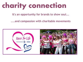 charity connection
   It's an opportunity for brands to show soul...

  ....and compassion with charitable movements
 