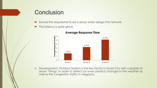 Conclusion
 Solved the requirements set is setup when design the network.
 The latency is quite great.
 Development: Outdoor System is the key factor in Smart City with capable of
sense “things” in order to detect (or even predict) changes in the weather as
well as the congestion traffic in megacity.
1.6935
3.2797
5.1476
0
1
2
3
4
5
6
Group 1 Group 2 Group 3
AverageResponseTime(s)
Average Response Time
 