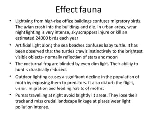 Effect fauna
• Lightning from high-rise office buildings confuses migratory birds.
The avian crash into the buildings and die. In urban areas, wear
night lighting is very intense, sky scrappers injure or kill an
estimated 24000 birds each year.
Artificial light along the sea beaches confuses baby turtle. It has
been observed that the turtles crawls instinctively to the brightest
visible objects- normally reflection of stars and moon
The nocturnal frog are blinded by even dim light. Their ability to
hunt is drastically reduced.
Outdoor lighting causes a significant decline in the population of
moth by exposing them to predators. It also disturb the flight,
vision, migration and feeding habits of moths.
Pumas travelling at night avoid brightly lit areas. They lose their
track and miss crucial landscape linkage at places wear light
pollution intense.
•
•
•
•
 