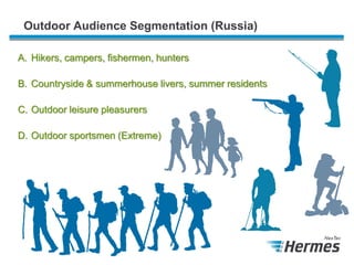Outdoor Audience Segmentation (Russia) 
A.Hikers, campers, fishermen, hunters 
B.Countryside & summerhouse livers, summer ...