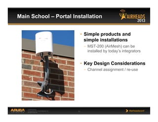 CONFIDENTIAL
© Copyright 2013. Aruba Networks, Inc.
All rights reserved 11 #airheadsconf
Main School – Portal Installation
•  Simple products and
simple installations
–  MST-200 (AirMesh) can be
installed by today’s integrators
•  Key Design Considerations
–  Channel assignment / re-use
 