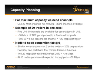 CONFIDENTIAL
© Copyright 2013. Aruba Networks, Inc.
All rights reserved 14 #airheadsconf
•  For maximum capacity we need channels
–  Use 20 MHz channels not 40 MHz - more channels available
•  Example of 20 trailers in one area:
–  Five UNI III channels are available for use outdoors in U.S.
–  ~80 Mbps of TCP good put out to a few hundred yards
–  ~80 / 20 = Four Trailers per channel = ~20 Mbps per trailer
•  Node to node contention factors
–  Similar to classrooms – at 5 active nodes = 20% degradation
–  Consider one portal and four remote trailers = 5 nodes
–  The 20 Mbps per trailer now drops 20% = ~70 Mbps
–  At 10 nodes per channel expected throughput = ~60 Mbps
Capacity Planning
 