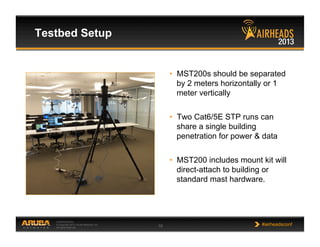 CONFIDENTIAL
© Copyright 2013. Aruba Networks, Inc.
All rights reserved 19 #airheadsconf
•  MST200s should be separated
by 2 meters horizontally or 1
meter vertically
•  Two Cat6/5E STP runs can
share a single building
penetration for power & data
•  MST200 includes mount kit will
direct-attach to building or
standard mast hardware.
Testbed Setup
 