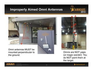 CONFIDENTIAL
© Copyright 2013. Aruba Networks, Inc.
All rights reserved 59 #airheadsconf
Improperly Aimed Omni Antennas
Omni antennas MUST be
mounted perpendicular to
the ground.
Omnis are NOT yagis
(or magic wands!) You
do NOT point them at
the target.
 