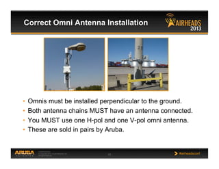 CONFIDENTIAL
© Copyright 2013. Aruba Networks, Inc.
All rights reserved 61 #airheadsconf
•  Omnis must be installed perpendicular to the ground.
•  Both antenna chains MUST have an antenna connected.
•  You MUST use one H-pol and one V-pol omni antenna.
•  These are sold in pairs by Aruba.
Correct Omni Antenna Installation
 