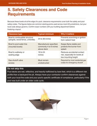 outdoorfireandpatio.com
OUTDOOR FIRE AND PATIO
Page 6
Pool Fire Bowl Planning & Installation Guide
Because these bowls sit at the edge of a pool, clearance requirements cover both fire safety and pool
safety codes. The figures below are common starting points used across most US jurisdictions, but your
local code always governs. Confirm exact numbers with your building department before
finalizing a layout.
Gas shutoff valve
access
Bowl to walkway or
seating edge
Clearance type
Bowl to combustible structure
(pergola, wood fence, umbrella)
Bowl to pool water line
(mounted bowls)
Typical minimum
24 to 36 inches
Must remain
unobstructed
Manufacturer-specified,
commonly 4 to 6 inches
above deck
18 to 24
inches
Pool decks are wet, reflective, and heavily trafficked by bare feet, which is a different risk
profile than a backyard fire pit. Always have your contractor confirm clearances against
both your local fire code and your pool's specific certificate of compliance, particularly if the
pool was built under an older code cycle.
Reduces accidental contact
risk, especially for bowls at
low mounting height
Required by most residential gas
codes for emergency shutoff
Why it matters
Prevents scorching or ignition
from radiant heat
Keeps flame stable and
protects the burner from
splash
Do not skip this
5. Safety Clearances and Code
Requirements
 