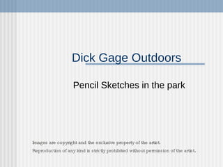 Dick Gage Outdoors     Pencil Sketches in the park Images are copyright and the exclusive property of the artist. Reproduction of any kind is strictly prohibited without permission of the artist . 