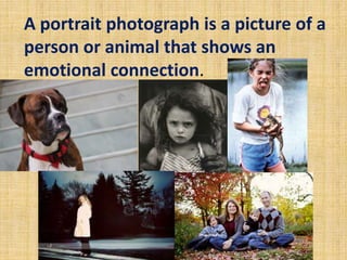 A portrait photograph is a picture of a
person or animal that shows an
emotional connection.
 