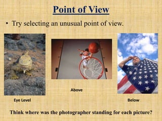 Point of View
• Try selecting an unusual point of view.
Above
Eye Level Below
Think where was the photographer standing for each picture?
 