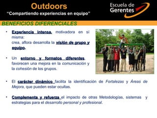 • Experiencia intensaExperiencia intensa,, motivadora en sí
misma:
crea, aflora desarrolla la visión de grupo yvisión de grupo y
equipoequipo..
• Un entorno y formatos diferentesentorno y formatos diferentes,
favorecen una mejora en la comunicación y
la cohesión de los grupos.
BENEFICIOS DIFERENCIALES
Outdoors
“Compartiendo experiencias en equipo”
• El carácter dinámicocarácter dinámico facilita la identificación de Fortalezas y Áreas de
Mejora, que pueden estar ocultas.
• Complementa y refuerzaComplementa y refuerza el impacto de otras Metodologías, sistemas y
estrategias para el desarrollo personal y profesional.
 
