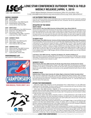 Integrity | Tradition | Academic Excellence | LONE STAR CONFERENCE | Community | Respect | Commitment
LSC OUTDOOR TRACK AND FIELD
Lone Star Conference Outdoor Track & Field athletes have recorded five NCAA Division II Automatic qualifying
marks (4 men, 1 women) and 54 provisional efforts (35 men, 19 women). See the LSC performance list here:
http://www.tfrrs.org/lists/1465.html.
ATHLETES OF THE WEEK
MEN’S TRACK
Lorenzo Johnson, West Texas A&M University, JR, Mineral Wells, Texas, Mineral Wells HS
Johnson had a busy weekend for WT between the Texas Relays and Bobcat Invitational. It was highlighted by his
Automatic qualifying time in the 110m hurdles at Texas State on Friday where he won the event with a 13.81
time. That leads the LSC and the entire nation currently while he broke a school record in the event as well.
He placed second in the same event the day prior at the Texas Relays, the same day he helped the 4x100m
relay team to a provisional qualifier, finishing with a 41.07 time, leading the LSC and ranked 7th in the country.
CO-MEN’S FIELD
HendrikNungess,TexasA&MUniversity-Commerce,SO,Neu-Isenburg,Germany,LGNeu-Isenburg-Heusenstamm
To say that Nungess stole the show for the Lions at the Nike Clyde Littlefield Texas Relays would be a profound
understatement. The sophomore heaved the javelin a whopping 240-3 (73.24m), which was good enough
to stand atop all performances in both the A and B groups at the Texas Relays, a field made up of almost
exclusively Division I athletes. In doing so, Nungess shattered the Lone Star Conference record in the event,
surpassing the 27 year-old mark of 233-3 (71.10m) set by Angelo State’s Mike Smierciak in 1988. To top it all
off, the native of Germany’s effort was the fifth-greatest javelin throw in NCAA Division II history dating back
to the redesign of the javelin in 1986. Nungess now has an NCAA automatic qualifier, and is on top of Division
II by nearly five meters.
Lutalo Boyce, Texas A&M University - Kingsville, SO, Westbury, N.Y., Westbury HS/Nassau CC
Boyce recorded an automatic qualifying leap of 25-3.5 (7.71m) in the long jump at the Nike Clyde Littlefield
Texas Relays. He finished fourth in the section A group against the top Division I leapers. His distance is the best
not only in the conference but in Division II as well.
WOMEN’S TRACK
Sharon Kwarula, West Texas A&M University, SR, Boroko, Papua New Guinea, Goroka Grammar School
Kwarula is the LSC and the NCAA Division II leader in the 100m hurdles after her performance at the Bobcat
Invitational in San Marcos on Saturday. The senior won the event with a provisional qualifying time of 13.67.
Kwarula also led the 4x400m relay team to an event win as the Lady Buffs finished first with a time of 3:49.18
at the meet.
WOMEN’S FIELD
Euphemia Edem, Tarleton State University, SR, Calabar, Nigeria, University of Calabar Secondary School
Edem returned to Stephenville Friday night as a Nike Clyde Littlefield Texas Relays champion. Edem competed
in the long jump and the triple jump finishing first and sixth, respectively. The senior won the long jump on her
first jump covering 19-8.75 (6.01m) – missing the 37-year-old school record by .75 – and had a best jump of
39-10 (12.14m) in the triple jump.
OTHER TOP PERFORMERS
	 Dylan Doss, Angelo State University, ran the second-fastest time in NCAA Division II in the 3,000-meter
steeplechase at the Texas Relays. The senior transfer’s 8:59.64 is a personal best and it was the Division II time
at the meet. It is also the third-fastest among any division.
	 Javier Lopez, Texas A&M University - Kingsville, ran the fourth fastest 110m hurdle time in Texas A&M-
Kingsville history at the Nike Clyde Littlefield Texas Relays. He punched his ticket to the NCAA Championships in
May with a time of 13.91 in the finals of the event to place sixth. The Spaniard was the lone Division II athlete
to make the finals of the 110m hurdles.
	 Adrian Gomez, Eastern New Mexico University, turned in a strong performance in the hurdles for the
Greyhounds last weekend at the Texas State Bobcat Invitational. He placed ninth in the 400m hurdles with an
ENMU-record time of 54.60. Gomez also placed sixth in the 110m hurdles with a time of 15.26. The times rank
5th (400m) and 14th (110m) in the Lone Star Conference.
	 Chase Rathke, Tarleton State University, performed on one of the biggest stages in track and field this past
weekend at the Nike Clyde Littlefield Relays in Austin, TX. Rathke, who is no stranger to the spotlight after
winning a national championship last year in the 1500m, finished second in the Jerry Thompson Invitational
Mile in a personal best 4:07.85 trailing only Christopher Gowell of Adidas.
	 Zach Weatherly, West Texas A&M University, had a strong weekend for the Buffs in the field as he recorded
two provisional qualifiers and broke a school record in three throwing events at the Bobcat Invitational in San
Marcos. He started off with a provisional 170-5 (51.95m) throw in discus, placing eighth overall. That mark
ranks second in the LSC and sixth in the nation. On Friday, he would break his own hammer throw school
record with a 52.36m toss. Then on Saturday, Weatherly capped off the weekend with a provisional 53-2.75
WEEKLY AWARDS
DATE	 MEN’S TRACK
M-11.....No nominees
M-18.....Courtney Macon, Texas A&M-Kingsville
M-25.....Randall Kadlacek, Tarleton State
A-1........Lorenzo Johnson, West Texas A&M
DATE	 MEN’S FIELD
M-11.....Masoud Moghaddam, Texas A&M-Commerce
M-18.....Derek Tesch, Texas A&M-Kingsville
M-25.....Seth Pearson, Angelo State
A-1........Hendrik Nungess, Texas A&M - Commerce
.............Lutalo Boyce, Texas A&M - Kingsville
DATE	 WOMEN’S TRACK
M-11.....No nominees
M-18.....Kathy Trevino, Texas A&M-Kingsville
M-25.....Jaylen Rodgers, Angelo State
A-1........Sharon Kwarula, West Texas A&M
DATE	 WOMEN’S FIELD
M-11.....Rebecca Mueller, Texas A&M-Commerce
M-18.....Valerie Vrana, Texas A&M-Kingsville
M-25.....Jordan Gray, Angelo State
A-1........Euphemia Edem, Tarleton State
PERFORMANCE LIST
http://www.tfrrs.org/lists/1465.html
OUTDOOR TRACK & FIELD
LONE STAR CONFERENCE OUTDOOR TRACK & FIELD
WEEKLY RELEASE | APRIL 1, 2015
Contact: Melanie Robotham | Assistant Commissioner | Office: 972-234-0033 x. 103 |
E-mail: melanie@lonestarconference.org | www.lonestarconference.org | Twitter: @LoneStarConf
SAN ANGELO, TEXAS | MAY 7-8-9
 