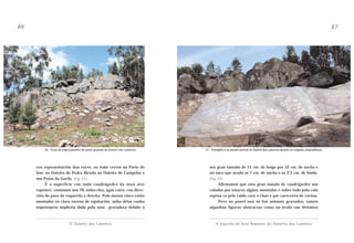 46

47

20.- Vista do emprazamento do panel gravado do Outeiro dos Lameiros

21.- Petróglifo 6 na parede vertical do Outeiro dos Lameiros durante os traballos arqueolóxicos

coa representación dun cervo, ou máis cervos no Porto do
Son: no Outeiro da Pedra Bicuda no Outeiro de Campelos e
nos Pozos da Garda. (Fig. 21).
É a superficie con máis cuadrúpedes da nosa arte
rupestre, contamos uns 78, todos eles, agás catro, coa dirección do paso de esquerda a dereita. Polo menos cinco están
montados en clara escena de equitación, unha delas cunha
importancia implícita dada pola man gravadora debido ó

seu gran tamaño de 51 cm. de longo por 32 cm. de ancho e
un suco que acada os 7 cm. de ancho e os 2’5 cm. de fondo.
(Fig. 22).
Afirmamos que esta gran manda de cuadrúpedes son
cabalos por estaren algúns montados e sobre todo pola cola
espesa co pelo caído cara o chan e por careceren de cornas.
Pero no panel non só hai animais gravados, tamén
algunhas figuras abstractas como un óvalo con divisións

O Outeiro dos Lameiros

A estación de Arte Rupestre do Outeriro dos Lameiros

 