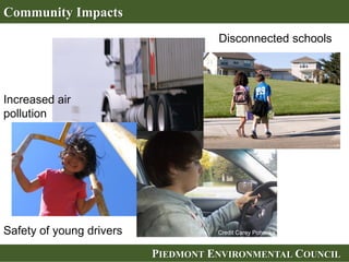 PIEDMONT ENVIRONMENTAL COUNCILPIEDMONT ENVIRONMENTAL COUNCIL
Community Impacts
Credit Carey Pohanka
Disconnected schools
Increased air
pollution
Safety of young drivers
 