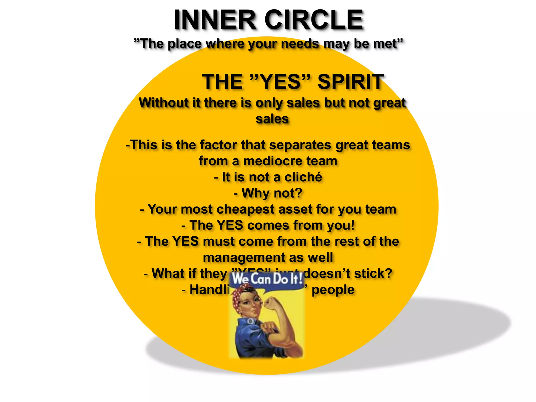 INNER CIRCLE
”The place where your needs may be met”
Without it there is only sales but not great sales
THE ”YES” SPIRIT
-This is the factor that separates great teams from a
mediocre team
- It is not a cliché
- Why not?
- Your most cheapest asset for your team
- The YES comes from you!
- The YES must come from the rest of the management as
well
- What if the ”YES” just doesn’t stick?
- Handling the ”NO” people
 