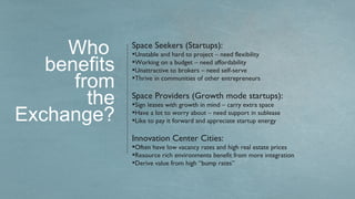 Who      Space Seekers (Startups):
              •Unstable and hard to project – need flexibility
   benefits   •Working on a budget – need affordability
              •Unattractive to brokers – need self-serve
      from    •Thrive in communities of other entrepreneurs

        the   Space Providers (Growth mode startups):
              •Sign leases with growth in mind – carry extra space
Exchange?     •Have a lot to worry about – need support in sublease
              •Like to pay it forward and appreciate startup energy

              Innovation Center Cities:
              •Often have low vacancy rates and high real estate prices
              •Resource rich environments benefit from more integration
              •Derive value from high “bump rates”
 