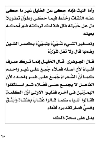 ٦٨
‫ﺍﻟ‬ ‫ﻋﻦ‬ ‫ﺣﻜﻰ‬ ‫ﹺﻧﻪ‬
‫ﺈ‬‫ﻓ‬ ‫ﺍﻟﻠﻴﺚ‬ ‫ﹶﻣﺎ‬
‫ﺃ‬‫ﻭ‬
‫ﺣﻜﻰ‬ ‫ﻣﺎ‬ ‫ﻏﻴﺮ‬ ‫ﺨﻠﻴﻞ‬
‫ﹰ‬
‫ﻼ‬‫ـﻮﻳ‬‫ـ‬‫ﺗﻄ‬ ‫ﹶ‬
‫ﻝ‬
‫ﻮ‬‫ـ‬‫ـ‬‫ﻭﻃ‬ ‫ـﻰ‬‫ـ‬‫ﺣﻜ‬ ‫ـﺎ‬‫ـ‬‫ﻓﻴﻤ‬ ‫ـﻂ‬‫ـ‬‫ﱠ‬
‫ﻠ‬
‫ﺧ‬‫ﻭ‬ ‫ـﺎﺕ‬‫ـ‬‫ﺍﻟﺜﻘ‬ ‫ـﻪ‬‫ـ‬‫ﻋﻨ‬
‫ﹶﺣﻜـﻪ‬
‫ﺃ‬ ‫ﻓﻠﻢ‬ ‫ﺗﺮﻛﺘﻪ‬ ‫ﻓﻠﺬﻟﻚ‬ ‫ﻗﺎﻝ‬ ‫ﺮﺗﻪ‬‫ﻴ‬
‫ﺣ‬ ‫ﻋﻞ‬ ‫ﺩﻝ‬
‫ﺑﻌﻴﻨﻪ‬
‫ـﻴﻦ‬‫ـ‬‫ﺍﻟﺸـ‬ ‫ﺑﻜﺴــﺮ‬ ٌ‫ﺀ‬‫ﻲ‬
‫ﻴ‬‫ـ‬‫ـ‬‫ـ‬
‫ﺷ‬‫ﻭ‬ ٌ‫ﺀ‬‫ﻲ‬
‫ﻴ‬‫ــ‬
‫ﺷ‬ ِ‫ﺀ‬‫ـﻲ‬‫ـ‬‫ﺍﻟﺸـ‬ ‫ﻭﺗﺼــﻐﻴﺮ‬
ٌ‫ﺀ‬‫ﻱ‬
‫ﻮ‬
‫ﺷ‬ ‫ﺗﻘﻞ‬ ‫ﻭﻻ‬ ‫ﻗﺎﻝ‬ ‫ﻭﺿﻤﻬﺎ‬
‫ﺍﻟﺠــﻮﻫﺮﻱ‬ ‫ﻗــﺎﻝ‬
‫ﺻــﺮﻑ‬ ‫ﺗــﺮﻙ‬ ‫ﹺﻧﻤــﺎ‬
‫ﺇ‬ ‫ﺍﻟﺨﻠﻴــﻞ‬ ‫ﻗــﺎﻝ‬
‫ﻏ‬ ‫ﻋﻠــﻰ‬ 
‫ﻊ‬‫ــ‬
‫ﻤ‬
‫ﺟ‬ ‫ــﻼﺀ‬‫ﻌ‬‫ﹶ‬
‫ﻓ‬ ‫ﹶﺻــﻠﻪ‬
‫ﺃ‬ ‫َﻥ‬‫ﻷ‬ َ‫ﺀ‬‫ﹶﺷــﻴﺎ‬
‫ﺃ‬
‫ﻭﺍﺣــﺪﻩ‬ ‫ﻴــﺮ‬
‫َﻥ‬‫ﻷ‬ ‫ـﺪﻩ‬‫ـ‬‫ﻭﺍﺣـ‬ ‫ـﺮ‬‫ـ‬‫ﻏﻴـ‬ ‫ـﻰ‬‫ـ‬‫ﻋﻠـ‬ 
‫ﻊ‬‫ـ‬‫ـ‬‫ﻤـ‬
‫ﺟ‬ َ‫ﺀ‬‫ـﻌﺮﺍ‬‫ـ‬‫ـ‬
‫ﺸ‬‫ﺍﻟ‬ ‫ﱠ‬
‫ﻥ‬‫ﹶ‬
‫ﺃ‬ ‫ـﺎ‬‫ـ‬‫ﻛﻤـ‬
‫ـﺘﺜﻘﻠﻮﺍ‬‫ـ‬‫ﺍﺳــ‬ ‫ـﻢ‬‫ـ‬‫ﺛــ‬ ‫ـﻼﺀ‬‫ـ‬‫ــ‬
‫ﻌ‬‫ﹸ‬
‫ﻓ‬ ‫ـﻰ‬‫ـ‬‫ﻋﻠــ‬ ‫ـﻊ‬‫ـ‬‫ﻳﺠﻤــ‬ ‫ﻻ‬ ‫ـﻞ‬‫ـ‬‫ﺍﻟﻔﺎﻋــ‬
‫ـﺔ‬‫ـ‬‫ﺍﻟﻜﻠﻤ‬ ‫ﻝ‬
‫ﻭ‬‫ﹶ‬
‫ﺃ‬ ‫ـﻰ‬‫ـ‬‫ﺍﻻﻭﻟ‬ ‫ـﻮﺍ‬‫ـ‬‫ﻓﻘﻠﺒ‬ ‫ـﺮﻩ‬‫ـ‬‫ﺁﺧ‬ ‫ـﻲ‬‫ـ‬‫ﻓ‬ ‫ـﺰﺗﻴﻦ‬‫ـ‬‫ﺍﻟﻬﻤ‬

‫ﻖ‬‫ــ‬
‫ﻨ‬‫ﻳ‬‫ﹶ‬
‫ﺃ‬‫ﻭ‬ ‫ﻘــﺎﺓ‬‫ﻨ‬
‫ﻌ‬‫ﺑ‬ 
‫ﺏ‬‫ﻘــﺎ‬
‫ﻋ‬ ‫ﻗــﺎﻟﻮﺍ‬ ‫ﻛﻤــﺎ‬ ‫ﹶﺷــﻴﺎﺀ‬
‫ﺃ‬ ‫ﻓﻘــﺎﻟﻮﺍ‬
‫ﹾﻌﺎﺀ‬‫ﻔ‬‫ﹶ‬
‫ﻟ‬ ‫ﺗﻘﺪﻳﺮﻩ‬ ‫ﻓﺼﺎﺭ‬ 
‫ﻲ‬ِ‫ﺴ‬
‫ﻗ‬‫ﻭ‬
‫ﺫﻟﻚ‬ ‫ﺻﺤﺔ‬ ‫ﻋﻠﻰ‬ ‫ﻳﺪﻝ‬
:
 
