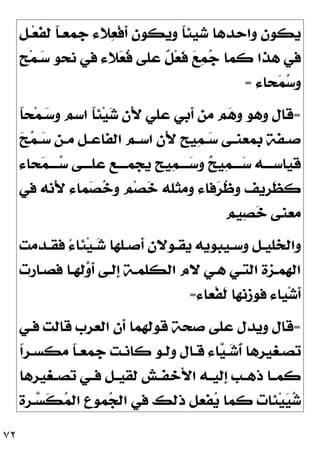 ٧٢
‫ـﻞ‬‫ﻌ‬‫ﹶ‬
‫ﻔ‬‫ﻟ‬ ‫ﹰ‬
‫ﺎ‬‫ﺟﻤﻌـ‬ ‫ﻼﺀ‬
‫ﻌ‬‫ﹾ‬‫ﻓ‬‫ﹶ‬
‫ﺃ‬ ‫ﻭﻳﻜﻮﻥ‬ ‫ﹰ‬
‫ﺎ‬‫ﺷﻴﺌ‬ ‫ﻭﺍﺣﺪﻫﺎ‬ ‫ﻳﻜﻮﻥ‬
‫ﹴ‬
‫ﺢ‬‫ﻤ‬‫ـ‬
‫ﺳ‬ ‫ﻧﺤﻮ‬ ‫ﻓﻲ‬ ‫ﻼﺀ‬
‫ﻌ‬‫ﹸ‬
‫ﻓ‬ ‫ﻋﻠﻰ‬ ‫ﹲ‬
‫ﻞ‬‫ﻌ‬‫ﹶ‬
‫ﻓ‬ 
‫ﻊ‬
‫ﻤ‬
‫ﺟ‬ ‫ﻛﻤﺎ‬ ‫ﻫﺬﺍ‬ ‫ﻓﻲ‬
‫ﺤﺎﺀ‬
‫ﻤ‬
‫ﺳ‬‫ﻭ‬
=
=
‫ﹰ‬
‫ﺎ‬‫ﺤ‬‫ﻤ‬‫ـ‬
‫ﺳ‬‫ﻭ‬ ‫ﺍﺳﻢ‬ ‫ﹰ‬
‫ﺎ‬‫ﺌ‬‫ﻴ‬
‫ﺷ‬ ‫َﻥ‬‫ﻷ‬ ‫ﻋﻠﻲ‬ ‫ﹶﺑﻲ‬
‫ﺃ‬ ‫ﻣﻦ‬ ‫ﻢ‬
‫ﻫ‬‫ﻭ‬ ‫ﻭﻫﻮ‬ ‫ﻗﺎﻝ‬

‫ﺢ‬
‫ﻤ‬‫ـ‬‫ـ‬
‫ﺳ‬ ‫ـﻦ‬‫ـ‬‫ﻣ‬ ‫ـﻞ‬‫ـ‬‫ﺍﻟﻔﺎﻋ‬ ‫ـﻢ‬‫ـ‬‫ﺍﺳ‬ ‫َﻥ‬‫ﻷ‬ ‫ﹴ‬
‫ﺢ‬‫ﻴ‬
‫ﻤ‬‫ـ‬‫ـ‬
‫ﺳ‬ ‫ـﻰ‬‫ـ‬‫ﺑﻤﻌﻨ‬ ‫ـﻔﺔ‬‫ـ‬‫ﺻ‬
‫ﺤﺎ‬
‫ﻤ‬‫ـ‬‫ـ‬‫ــ‬
‫ﺳ‬ ‫ـﻰ‬‫ـ‬‫ﻋﻠــ‬ ‫ـﻊ‬‫ـ‬‫ﻳﺠﻤــ‬ ‫ﻴﺢ‬
‫ﻤ‬‫ـ‬‫ـ‬‫ــ‬
‫ﺳ‬‫ﻭ‬ 
‫ﺢ‬‫ﻴ‬
‫ﻤ‬‫ـ‬‫ـ‬‫ــ‬
‫ﺳ‬ ‫ـﻪ‬‫ـ‬‫ﻗﻴﺎﺳــ‬
‫ﺀ‬
‫ﻓﻲ‬ ‫َﻧﻪ‬‫ﻷ‬ ‫ﻤﺎﺀ‬
‫ﺼ‬
‫ﺧ‬‫ﻭ‬ ‫ﻢ‬‫ﺼ‬
‫ﺧ‬ ‫ﻭﻣﺜﻠﻪ‬ ‫ﻓﺎﺀ‬
‫ﺮ‬‫ﹸ‬
‫ﻇ‬‫ﻭ‬ ‫ﹺﻳﻒ‬
‫ﺮ‬‫ﹶ‬
‫ﻈ‬‫ﻛ‬
‫ﻴﻢ‬
‫ﺼ‬
‫ﺧ‬ ‫ﻣﻌﻨﻰ‬
‫ـﺪﻣﺖ‬‫ـ‬‫ﻓﻘ‬ ُ‫ﺀ‬‫ﺌﺎ‬‫ﻴ‬‫ـ‬‫ـ‬
‫ﺷ‬ ‫ـﻠﻬﺎ‬‫ـ‬‫ﹶﺻ‬
‫ﺃ‬ ‫ـﻮﻻﻥ‬‫ـ‬‫ﻳﻘ‬ ‫ـﻴﺒﻮﻳﻪ‬‫ـ‬‫ﻭﺳ‬ ‫ـﻞ‬‫ـ‬‫ﻭﺍﻟﺨﻠﻴ‬
‫ـﺎﺭﺕ‬‫ـ‬‫ﻓﺼ‬ ‫ـﺎ‬‫ـ‬‫ﻟﻬ‬
‫ﻭ‬‫ﹶ‬
‫ﺃ‬ ‫ـﻰ‬‫ـ‬‫ﹺﻟ‬
‫ﺇ‬ ‫ـﺔ‬‫ـ‬‫ﺍﻟﻜﻠﻤ‬ ‫ﻻﻡ‬ ‫ـﻲ‬‫ـ‬‫ﻫ‬ ‫ـﻲ‬‫ـ‬‫ﺍﻟﺘ‬ ‫ـﺰﺓ‬‫ـ‬‫ﺍﻟﻬﻤ‬
‫ﹾﻌﺎﺀ‬‫ﻔ‬‫ﹶ‬
‫ﻟ‬ ‫ﻓﻮﺯﻧﻬﺎ‬ ‫ﻴﺎﺀ‬‫ﺷ‬‫ﹶ‬
‫ﺃ‬
=
=
‫ﻓـﻲ‬ ‫ﻗﺎﻟﺖ‬ ‫ﺍﻟﻌﺮﺏ‬ ‫ﹶﻥ‬
‫ﺃ‬ ‫ﻗﻮﻟﻬﻤﺎ‬ ‫ﺻﺤﺔ‬ ‫ﻋﻠﻰ‬ ‫ﻭﻳﺪﻝ‬ ‫ﻗﺎﻝ‬
‫ﹰ‬
‫ﺎ‬‫ـ‬‫ـ‬‫ﺟﻤﻌ‬ ‫ـﺖ‬‫ـ‬‫ﻛﺎﻧ‬ ‫ـﻮ‬‫ـ‬‫ﻭﻟ‬ ‫ـﺎﻝ‬‫ـ‬‫ﻗ‬ ‫ﺎﺀ‬
‫ﻴ‬‫ـ‬‫ـ‬
‫ﺷ‬‫ﹸ‬
‫ﺃ‬ ‫ـﻐﻴﺮﻫﺎ‬‫ـ‬‫ﺗﺼ‬
‫ﹰ‬
‫ﺍ‬‫ـﺮ‬‫ـ‬‫ﻣﻜﺴ‬
‫ﺗﺼــﻐﻴﺮﻫﺎ‬ ‫ـﻲ‬‫ـ‬‫ﻓ‬ ‫ـﻞ‬‫ـ‬‫ﻟﻘﻴ‬ ‫ـﺶ‬‫ـ‬‫ﺍﻷﺧﻔ‬ ‫ـﻪ‬‫ـ‬‫ﹺﻟﻴ‬
‫ﺇ‬ ‫ـﺐ‬‫ـ‬‫ﺫﻫ‬ ‫ـﺎ‬‫ـ‬‫ﻛﻤ‬
‫ـﺮﺓ‬
‫ﺴ‬‫ﹶ‬
‫ﻜ‬
‫ﻤ‬‫ﺍﻟ‬ ‫ﻤﻮﻉ‬
‫ﺠ‬‫ﺍﻟ‬ ‫ﻓﻲ‬ ‫ﺫﻟﻚ‬ ‫ﻔﻌﻞ‬
‫ﻳ‬ ‫ﻛﻤﺎ‬ ‫ﺌﺎﺕ‬‫ﻴ‬
‫ﻴ‬
‫ﺷ‬
 