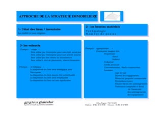 APPROCHE DE LA STRATEGIE IMMOBILIERE

                                                                         2 - les besoins matériels
1- l état des lieux / inventaire
                                                                         T e c h n o lo g ie
La réalité et ses origines                                               N o m b re d e p o stes



 3- les volontés
 Champs «   usage »                                                     Champs «        appropriation    »
                                                                                        L entreprise imagine être      :
            Sera utilisé   par l entreprise pour son objet social pur
            Sera utilisé   par l entreprise pour une activité annexe                             Propriétaire
                                                                                                          direct
            Sera utilisé   par des clients ou fournisseurs
            Sera utilisé   à titre de placement/ réserve financière                                       Indirect
                                                                                                 Collatéral
                                                                                                 Crédit preneuse
 Champs «   st ratégique »                                                                       Concessionnaire / bail à construction
            La disposition du   bien sera stratégique pour                                       Locataire
            l entreprise                                                                                     type de bail
            La disposition du   bien pourra être substituable                                                Durées des engagements
            La disposition du   bien sera remplaçable                                                        Niveau de propriété commerciale
            La disposition du   bien est non significative                                                   Prestations reçues
                                                                                                             Financements des aménagements
                                                                                                             Traitement comptable et fiscal
                                                                                                                           de l immeuble
                                                                                                                          des aménagements
                                                                                                                          des équipements



                                                                                         3 Place Wagram 75017 PARIS
                                                                        Téléphone : 33 (0)1 42 12 72 03 Télécopie : 33 (0)1 42 12 72 04
 