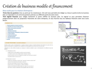 Création de business modèle et financement
Deux outils pour la création d’entreprise :
Une liste de questions mise au point par les investisseurs. Cet outil vous permettra de rédiger au mieux la partie écrite du business
plan, en répondant à une série de questions précises sur différents points de votre vision.
Un logiciel financier pour rédiger facilement la partie chiffrée du business plan. Ce logiciel va vous permettre d’avancer
progressivement dans les projections financières de votre entreprise, et vous fournira tous les tableaux financiers dont vous aurez
besoin.




                                                                                                                                         6
 