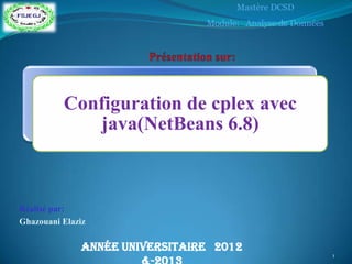 Réalisé par:
Ghazouani Elaziz
Configuration de cplex avec
java(NetBeans 6.8)
Année universitaire 2012
Mastère DCSD
Module: Analyse de Données
**M.-JChoi**
1
 